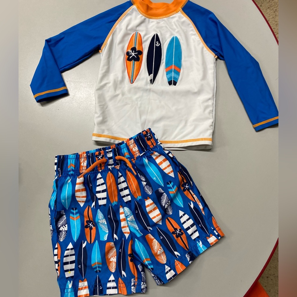 Gymboree Blue/Orange Rashguard Swim Set surf boards 18-24m top and 2T bottom